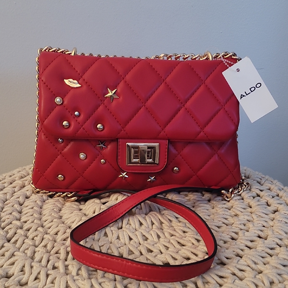 Aldo Red Quilted Crossbody Bag with Gold Accents